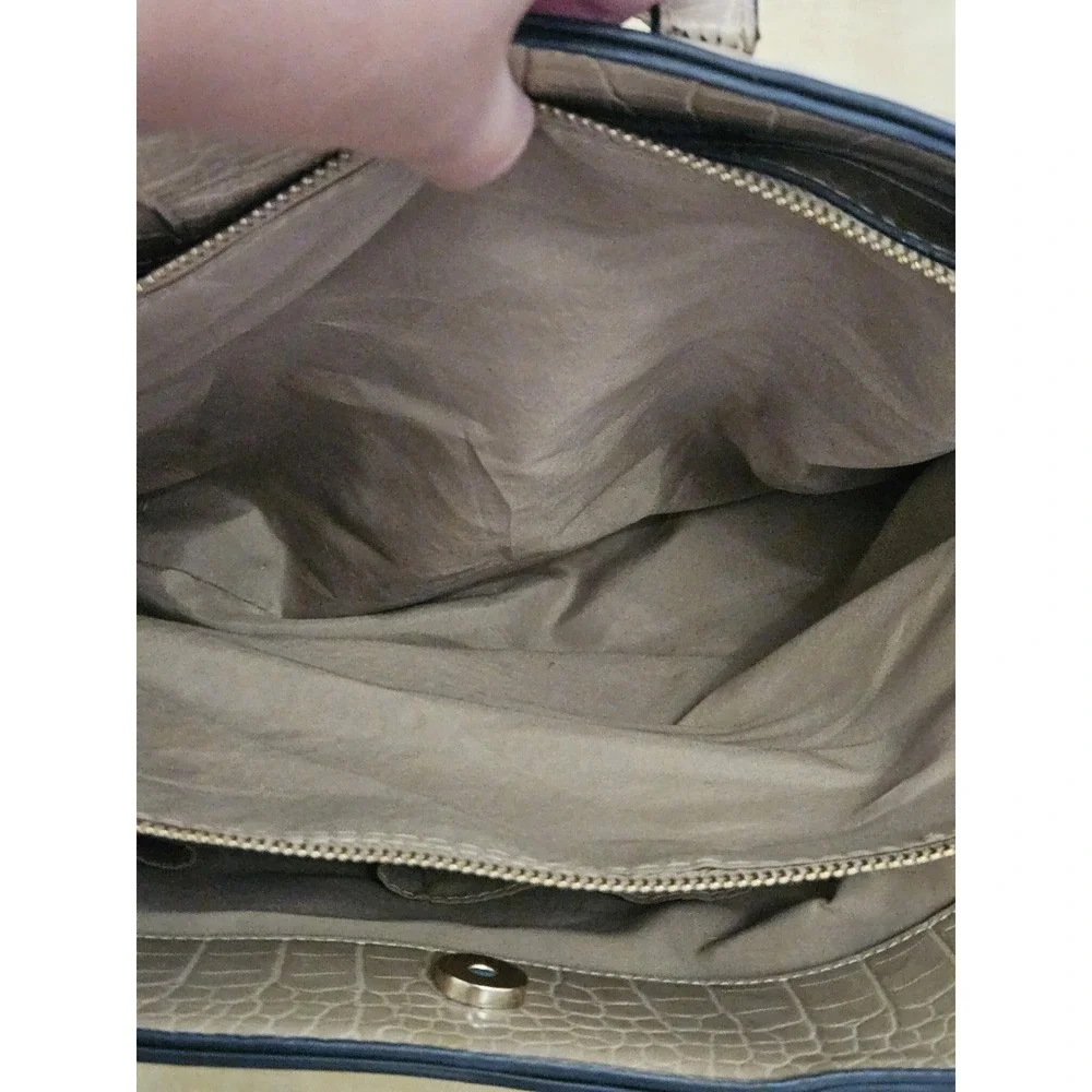 Bebe Beige Faux Croc Embossed Satchel Handbag Double Handle Tote Purse Medium